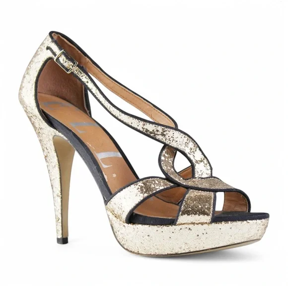 Elle Gold Glitter Strappy Platform High Heel Sandals Size 9 - Picture 2 of 7